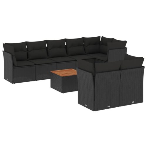 9-Piece Garden Sofa Set with Cushions Black Poly Rattan Wicker Outdoor Patio Furniture