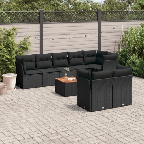 9-Piece Garden Sofa Set with Cushions Black Poly Rattan Wicker Outdoor Patio Furniture - Image 2
