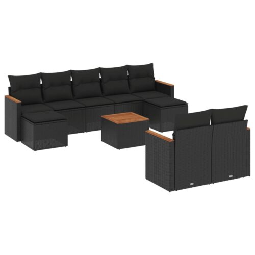 10-Piece Garden Sofa Set with Cushions Black Poly Rattan Wicker Outdoor Patio Furniture
