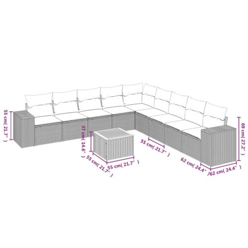 10-Piece Garden Sofa Set with Cushions Black Poly Rattan Wicker Outdoor Patio Furniture - Image 3