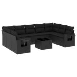 10-Piece Garden Sofa Set with Cushions Black Poly Rattan Wicker Outdoor Patio Furniture