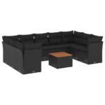 10-Piece Garden Sofa Set with Cushions Black Poly Rattan Wicker Outdoor Patio Furniture