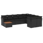 10-Piece Garden Sofa Set with Cushions Black Poly Rattan Wicker Outdoor Patio Furniture