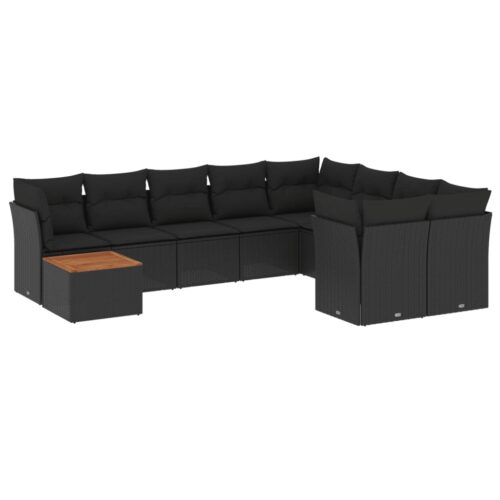 10-Piece Garden Sofa Set with Cushions Black Poly Rattan Wicker Outdoor Patio Furniture