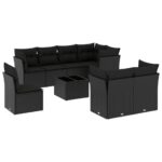 9-Piece Garden Sofa Set with Cushions Black Poly Rattan Wicker Outdoor Patio Furniture