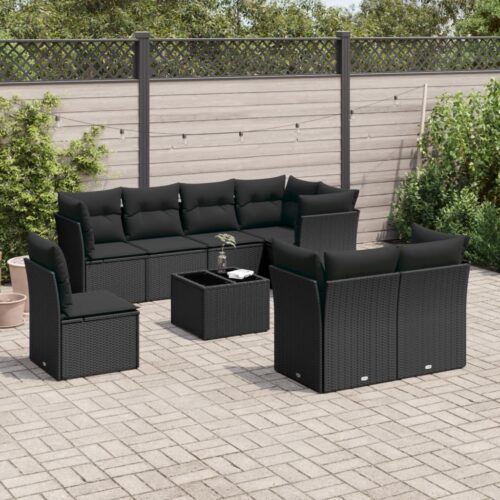 9-Piece Garden Sofa Set with Cushions Black Poly Rattan Wicker Outdoor Patio Furniture - Image 2