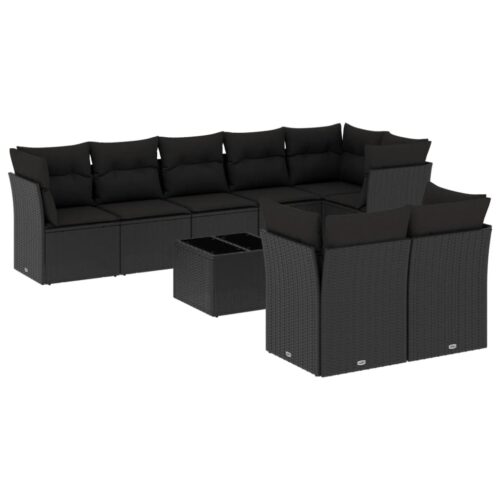 9-Piece Garden Sofa Set with Cushions Black Poly Rattan Wicker Outdoor Patio Furniture