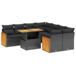 9-Piece Garden Sofa Set with Cushions Black Poly Rattan