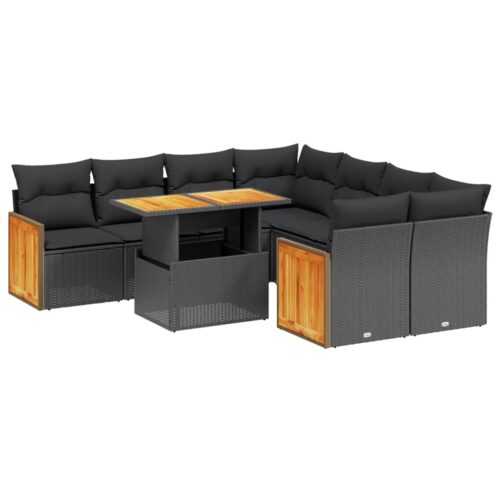 9-Piece Garden Sofa Set with Cushions Black Poly Rattan - Image 5