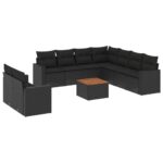 10-Piece Garden Sofa Set with Cushions Black Poly Rattan Wicker Outdoor Patio Furniture
