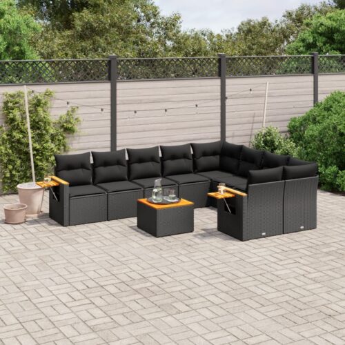 10-Piece Garden Sofa Set with Cushions Black Poly Rattan Wicker Outdoor Patio Furniture - Image 2