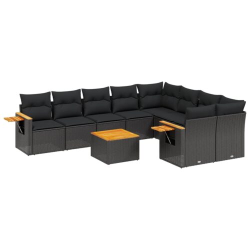 10-Piece Garden Sofa Set with Cushions Black Poly Rattan Wicker Outdoor Patio Furniture - Image 14
