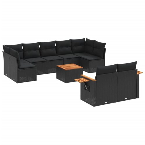 10-Piece Garden Sofa Set with Cushions Black Poly Rattan Wicker Outdoor Patio Furniture