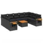 10-Piece Garden Sofa Set with Cushions Black Poly Rattan Wicker Outdoor Patio Furniture