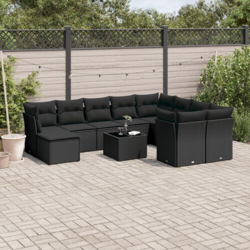 10-Piece Garden Sofa Set with Cushions Black Poly Rattan Wicker Outdoor Patio Furniture - Image 2