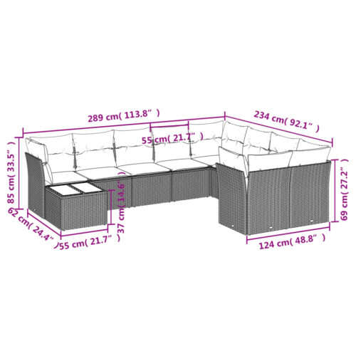 10-Piece Garden Sofa Set with Cushions Black Poly Rattan Wicker Outdoor Patio Furniture - Image 3