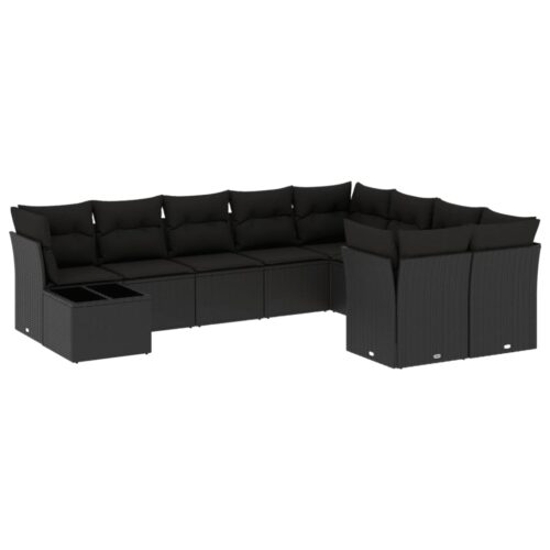 10-Piece Garden Sofa Set with Cushions Black Poly Rattan Wicker Outdoor Patio Furniture - Image 5