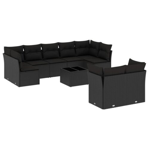 10-Piece Garden Sofa Set with Cushions Black Poly Rattan Wicker Outdoor Patio Furniture