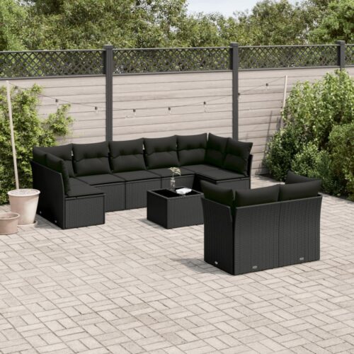 10-Piece Garden Sofa Set with Cushions Black Poly Rattan Wicker Outdoor Patio Furniture - Image 2