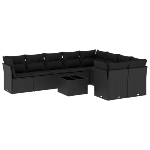 10-Piece Garden Sofa Set with Cushions Black Poly Rattan Wicker Outdoor Patio Furniture