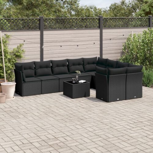 10-Piece Garden Sofa Set with Cushions Black Poly Rattan Wicker Outdoor Patio Furniture - Image 2