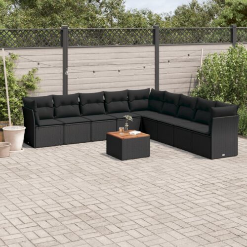 10-Piece Garden Sofa Set with Cushions Black Poly Rattan Wicker Outdoor Patio Furniture - Image 2