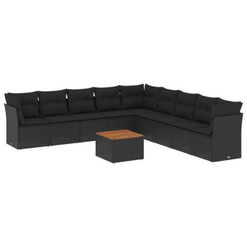 10-Piece Garden Sofa Set with Cushions Black Poly Rattan Wicker Outdoor Patio Furniture - Image 14