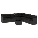 10-Piece Garden Sofa Set with Cushions Black Poly Rattan Wicker Outdoor Patio Furniture
