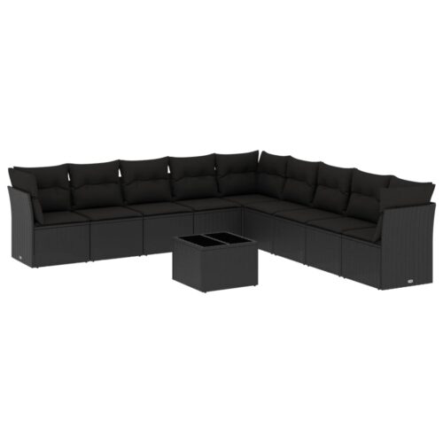 10-Piece Garden Sofa Set with Cushions Black Poly Rattan Wicker Outdoor Patio Furniture