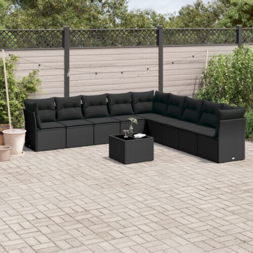 10-Piece Garden Sofa Set with Cushions Black Poly Rattan Wicker Outdoor Patio Furniture - Image 2