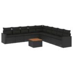 10-Piece Garden Sofa Set with Cushions Black Poly Rattan Wicker Outdoor Patio Furniture