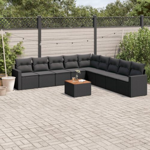 10-Piece Garden Sofa Set with Cushions Black Poly Rattan Wicker Outdoor Patio Furniture - Image 2