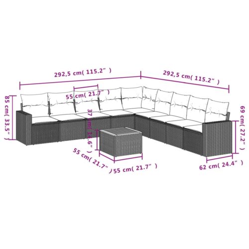 10-Piece Garden Sofa Set with Cushions Black Poly Rattan Wicker Outdoor Patio Furniture - Image 12