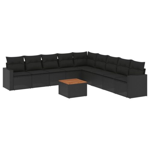 10-Piece Garden Sofa Set with Cushions Black Poly Rattan Wicker Outdoor Patio Furniture - Image 14