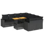 9-Piece Garden Sofa Set with Cushions Black Poly Rattan Wicker Outdoor Patio Furniture