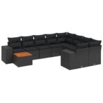 10-Piece Garden Sofa Set with Cushions Black Poly Rattan Wicker Outdoor Patio Furniture