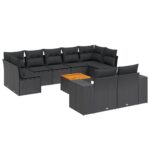 10-Piece Garden Sofa Set with Cushions Black Poly Rattan Wicker Outdoor Patio Furniture
