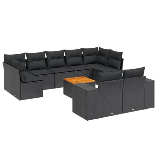 10-Piece Garden Sofa Set with Cushions Black Poly Rattan Wicker Outdoor Patio Furniture
