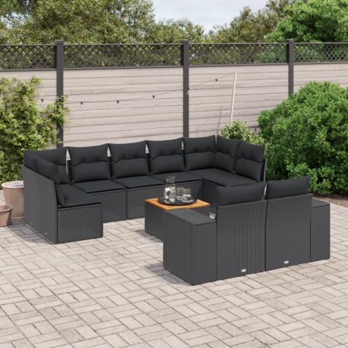 10-Piece Garden Sofa Set with Cushions Black Poly Rattan Wicker Outdoor Patio Furniture - Image 2