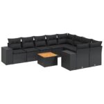10-Piece Garden Sofa Set with Cushions Black Poly Rattan Wicker Outdoor Patio Furniture