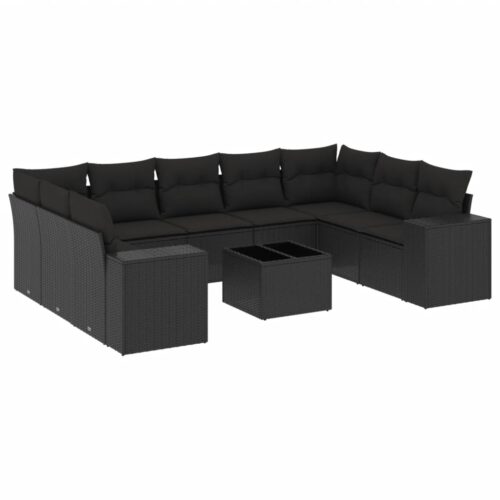 10-Piece Garden Sofa Set with Cushions Black Poly Rattan Wicker Outdoor Patio Furniture
