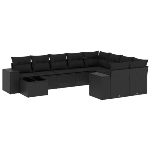 10-Piece Garden Sofa Set with Cushions Black Poly Rattan Wicker Outdoor Patio Furniture - Image 14