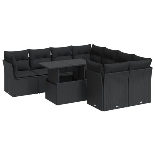 9-Piece Garden Sofa Set with Cushions Black Poly Rattan Wicker Outdoor Patio Furniture