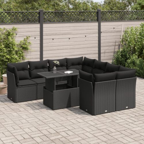 9-Piece Garden Sofa Set with Cushions Black Poly Rattan Wicker Outdoor Patio Furniture - Image 2