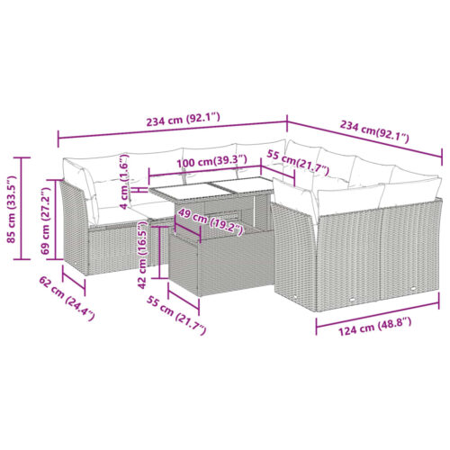 9-Piece Garden Sofa Set with Cushions Black Poly Rattan Wicker Outdoor Patio Furniture - Image 11