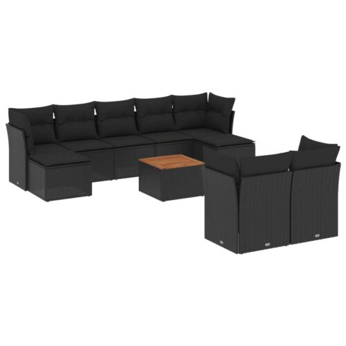 10-Piece Garden Sofa Set with Cushions Black Poly Rattan Wicker Outdoor Patio Furniture