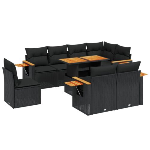 9-Piece Garden Sofa Set with Cushions Black Poly Rattan - Image 5