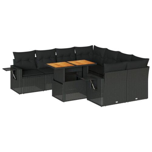 9-Piece Garden Sofa Set with Cushions Black Poly Rattan Wicker Outdoor Patio Furniture