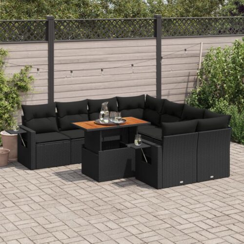 9-Piece Garden Sofa Set with Cushions Black Poly Rattan Wicker Outdoor Patio Furniture - Image 2