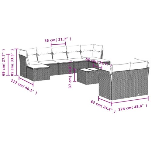 10-Piece Garden Sofa Set with Cushions Black Poly Rattan Wicker Outdoor Patio Furniture - Image 3